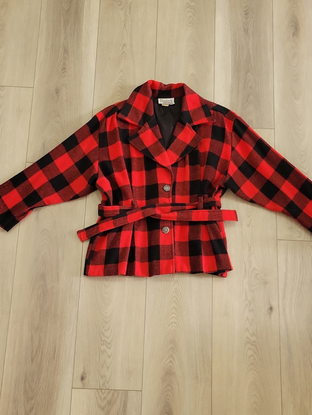 Timing Red & Black Plaid Belted Pea Coat